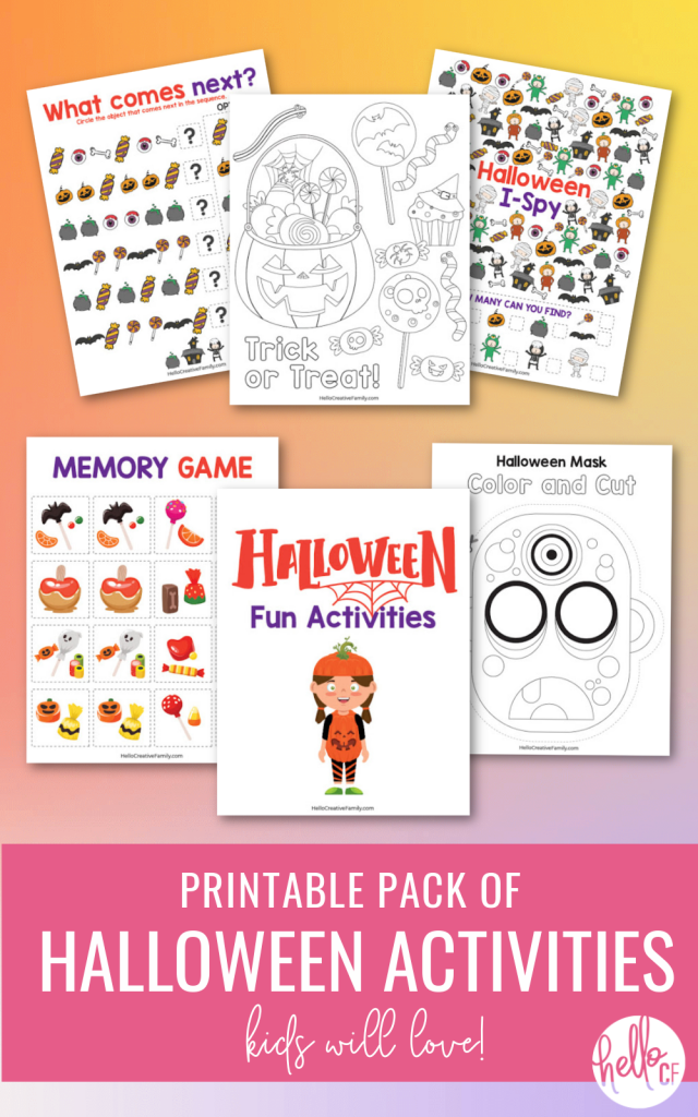 Enjoy hours of Halloween fun with our 8 page Halloween Printables Activity Pack For Kids! Contains Halloween Coloring Sheets, Match Game, I-Spy, Complete the Pattern and even a mask that you can color in and cut out! Perfect for a Halloween Classroom Activity or a Halloween Party! #Halloween #HalloweenPrintables #HalloweenColoringSheet #HalloweenGames #Printables #FreePrintables #KidsActivities #homeschoolworksheets