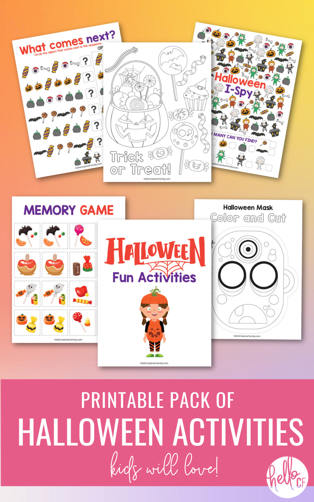 Enjoy hours of Halloween fun with our 8 page Halloween Printables Activity Pack For Kids! Contains Halloween Coloring Sheets, Match Game, I-Spy, Complete the Pattern and even a mask that you can color in and cut out! Perfect for a Halloween Classroom Activity or a Halloween Party! #Halloween #HalloweenPrintables #HalloweenColoringSheet #HalloweenGames #Printables #FreePrintables #KidsActivities #homeschoolworksheets