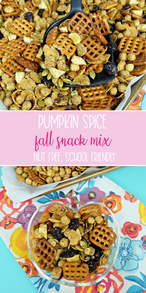 This delicious pumpkin spice fall snack mix recipe is the perfect snack for kids (and adults) looking for a healthy snack. Vegan and nut free, this cereal trail mix recipe is school safe and is a perfect classroom halloween party snack idea! #snack #Recipe #SnackIdea #trailmix #snackmix #cerealmix #cerealrecipe #halloween #fall #autumn #pumpkinspice #homemade #kidfriendly #kidscooking #kidsbaking #snackmix