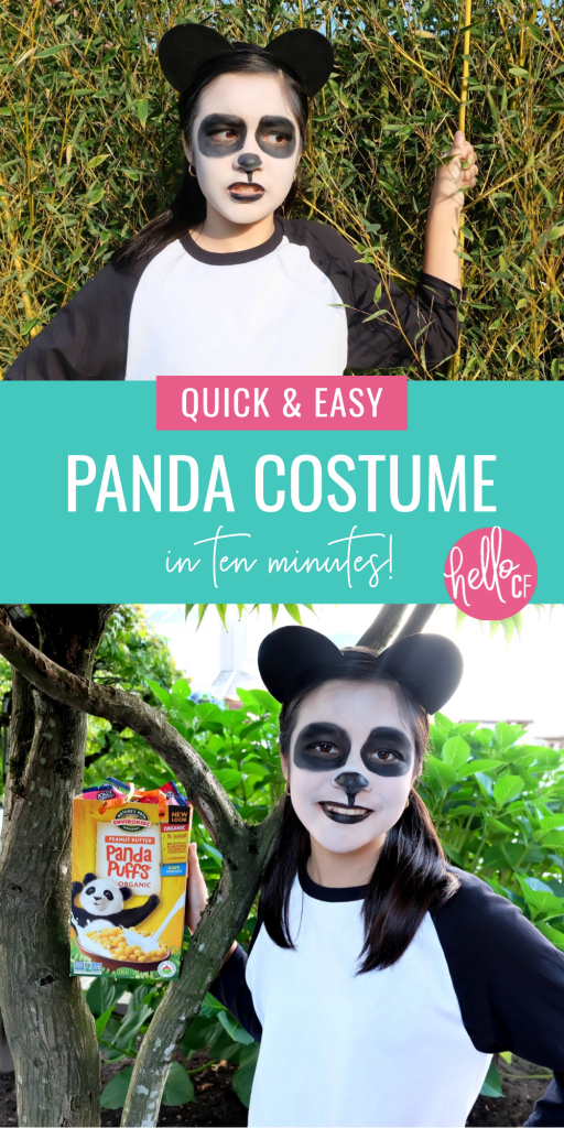 Looking for a last minute Halloween Costume Idea? This DIY Panda Costume takes 10 minutes to throw together and costs $10 or under to make! It can easily be worn by teens, tweens, parents or kids and all the pieces are reusable! Happy Halloween! #Halloween #HalloweenCostume #TeenCostume #TweenCostume #ParentCostume #DIYCostume #Panda #PandaCostume #handmade #EasyCostume #10minuteproject