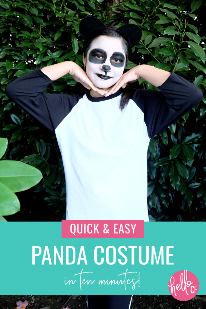 Looking for a last minute Halloween Costume Idea? This DIY Panda Costume takes 10 minutes to throw together and costs $10 or under to make! It can easily be worn by teens, tweens, parents or kids and all the pieces are reusable! Happy Halloween! #Halloween #HalloweenCostume #TeenCostume #TweenCostume #ParentCostume #DIYCostume #Panda #PandaCostume #handmade #EasyCostume #10minuteproject