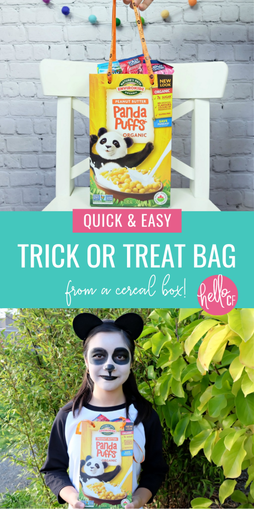 Can't find last year's trick or treat bag? DIY your own with an empty cereal box! This Halloween Craft takes less than 5 minutes to make and you'll have a cute and sturdy Trick or Treat Container that you can recycle when you're done with! #Halloween #DIYHalloween #RecycledCrafts