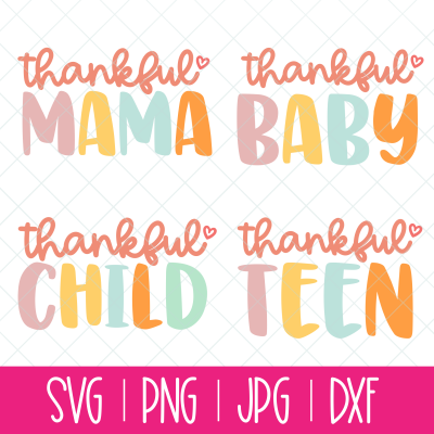 Create adorable Mommy and Me shirts with the svg cut files in this adorable bundle! Includes Thankful Mama, Thankful Baby, Thankful Child and Thankful Teen! Perfect for Thanksgiving or when you want to make a craft that celebrates gratitude! Use with your Cricut or Silhouette! #CutFile #SVG #Thankful #Cricut #Silhouette #CricutMade