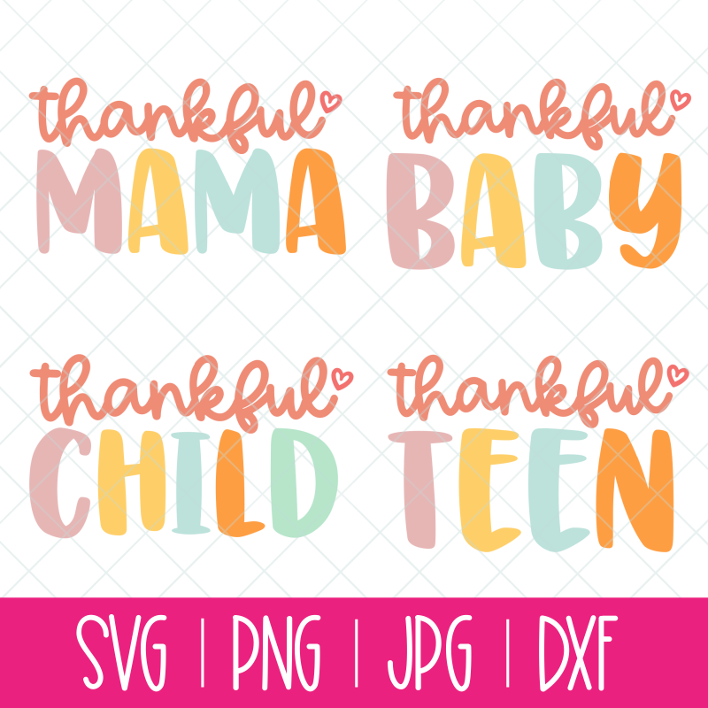 Create adorable Mommy and Me shirts with the svg cut files in this adorable bundle! Includes Thankful Mama, Thankful Baby, Thankful Child and Thankful Teen! Perfect for Thanksgiving or when you want to make a craft that celebrates gratitude! Use with your Cricut or Silhouette! #CutFile #SVG #Thankful #Cricut #Silhouette #CricutMade