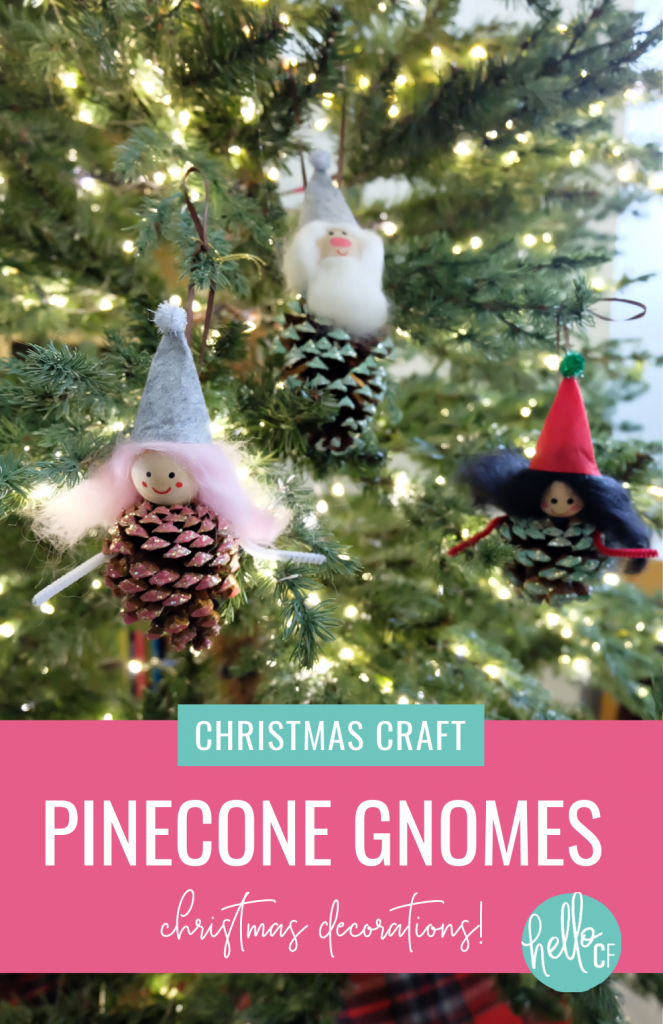 These sweet little DIY Forest Gnome Pinecone Christmas Ornaments are so FUN and look super cute hanging from the tree! A fun family Christmas craft project using pinecones you can find on a nature walk! Pinecone crafts are festive for both fall and Christmas! #ChristmasCrafts #PineconeCrafts #DIY #Crafts #FamilyCrafts #KidsCrafts #Pinecones #Christmas #Gnomes #ChristmasGnomes #ChristmasElves #FeltCrafts #kidscrafts