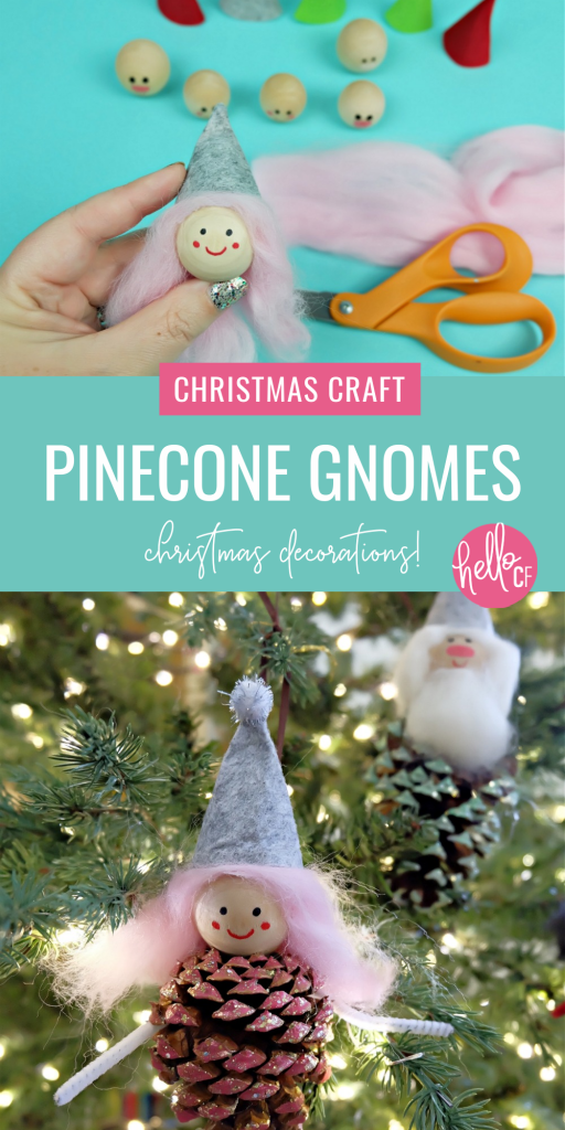 These sweet little DIY Forest Gnome Pinecone Christmas Ornaments are so FUN and look super cute hanging from the tree! A fun family Christmas craft project using pinecones you can find on a nature walk! Pinecone crafts are festive for both fall and Christmas! #ChristmasCrafts #PineconeCrafts #DIY #Crafts #FamilyCrafts #KidsCrafts #Pinecones #Christmas #Gnomes #ChristmasGnomes #ChristmasElves #FeltCrafts #kidscrafts