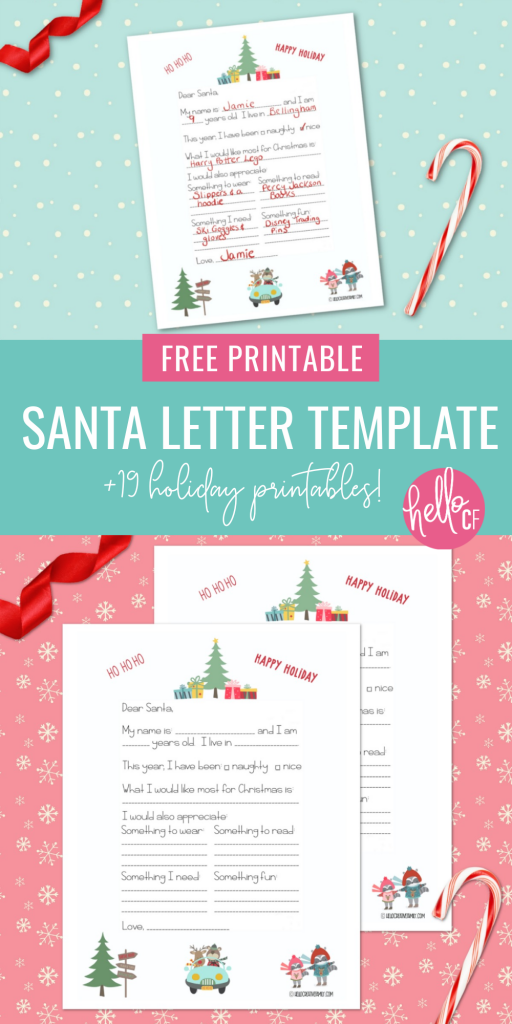 Make writing letters to Santa a breeze with this Free Santa Letter Printable Template! The fill in the blank style makes it easy for younger children to use. It also helps kids narrow down their wish list with areas for something they need, something to wear, something to read and something fun. Includes links to 19 holiday printables! #Printables #ChristmasPrintable #LetterToSanta #SantaLetter #Printable #Holidays #Christmas #KidsActivities