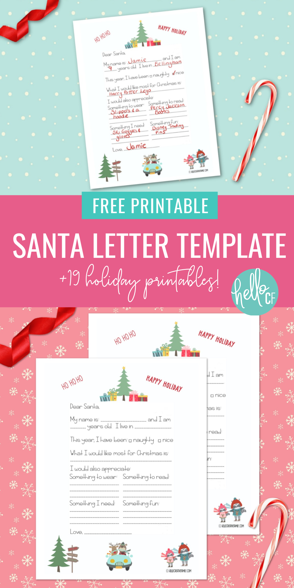 Make writing letters to Santa a breeze with this Free Santa Letter Printable Template! The fill in the blank style makes it easy for younger children to use. It also helps kids narrow down their wish list with areas for something they need, something to wear, something to read and something fun. Includes links to 19 holiday printables! #Printables #ChristmasPrintable #LetterToSanta #SantaLetter #Printable #Holidays #Christmas #KidsActivities