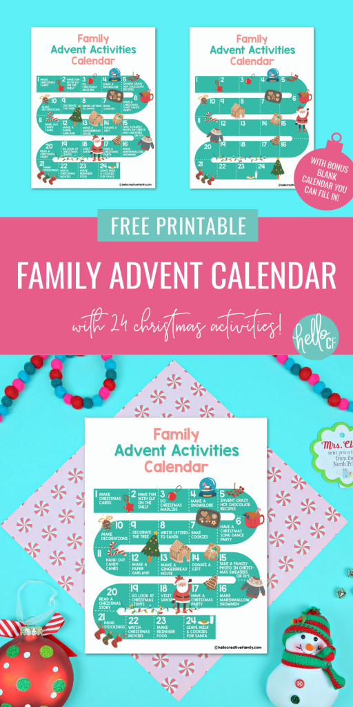 Count down to Christmas with fun holiday family activities using this free printable family advent calendar! Includes a filled in calendar with 24 fun Christmas themed ideas and a blank advent calendar that you can fill in yourself! Fun for all ages! #Printables #ChristmasPrintables #AdventCalendar #printablecalendar #christmasactivities #ChristmasCrafts
