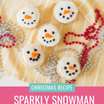 These adorable sparkly snowman cupcakes are the perfect recipe for Christmas baking with kids! This fun and easy cupcake recipe uses a boxed cake mix and simple decorating techniques that pack a big impact! #Christmas #ChristmasBaking #ChristmastCupcakes #Cupcakes #Snowman #SnowmanBaking #Homemade #Recipe #sweettreat