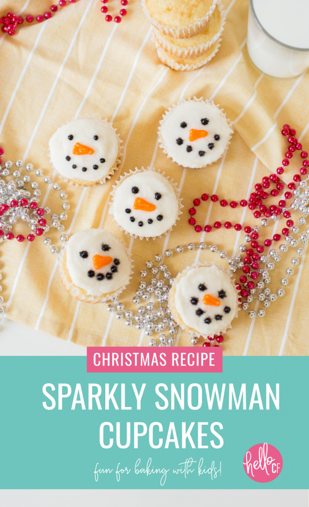 These adorable sparkly snowman cupcakes are the perfect recipe for Christmas baking with kids! This fun and easy cupcake recipe uses a boxed cake mix and simple decorating techniques that pack a big impact! #Christmas #ChristmasBaking #ChristmastCupcakes #Cupcakes #Snowman #SnowmanBaking #Homemade #Recipe #sweettreat