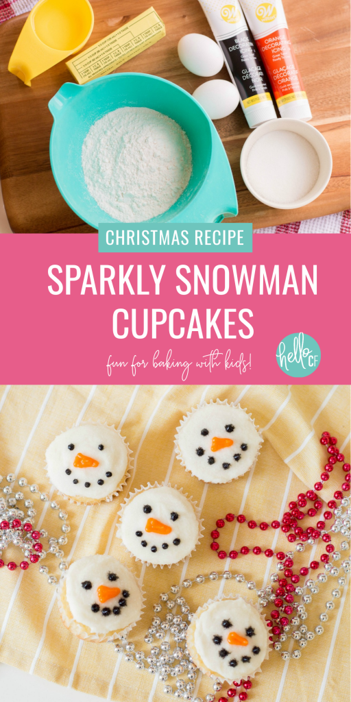 These adorable sparkly snowman cupcakes are the perfect recipe for Christmas baking with kids! This fun and easy cupcake recipe uses a boxed cake mix and simple decorating techniques that pack a big impact! #Christmas #ChristmasBaking #ChristmastCupcakes #Cupcakes #Snowman #SnowmanBaking #Homemade #Recipe #sweettreat