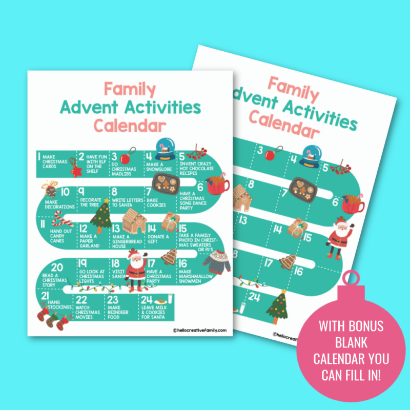 Count down to Christmas with fun holiday family activities using this free printable family advent calendar! Includes a filled in calendar with 24 fun Christmas themed ideas and a blank advent calendar that you can fill in yourself! Fun for all ages! #Printables #ChristmasPrintables #AdventCalendar #printablecalendar #christmasactivities #ChristmasCrafts 