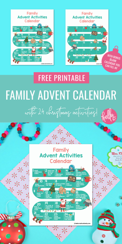 Count down to Christmas with fun holiday family activities using this free printable family advent calendar! Includes a filled in calendar with 24 fun Christmas themed ideas and a blank advent calendar that you can fill in yourself! Fun for all ages! #Printables #ChristmasPrintables #AdventCalendar #printablecalendar #christmasactivities #ChristmasCrafts 
