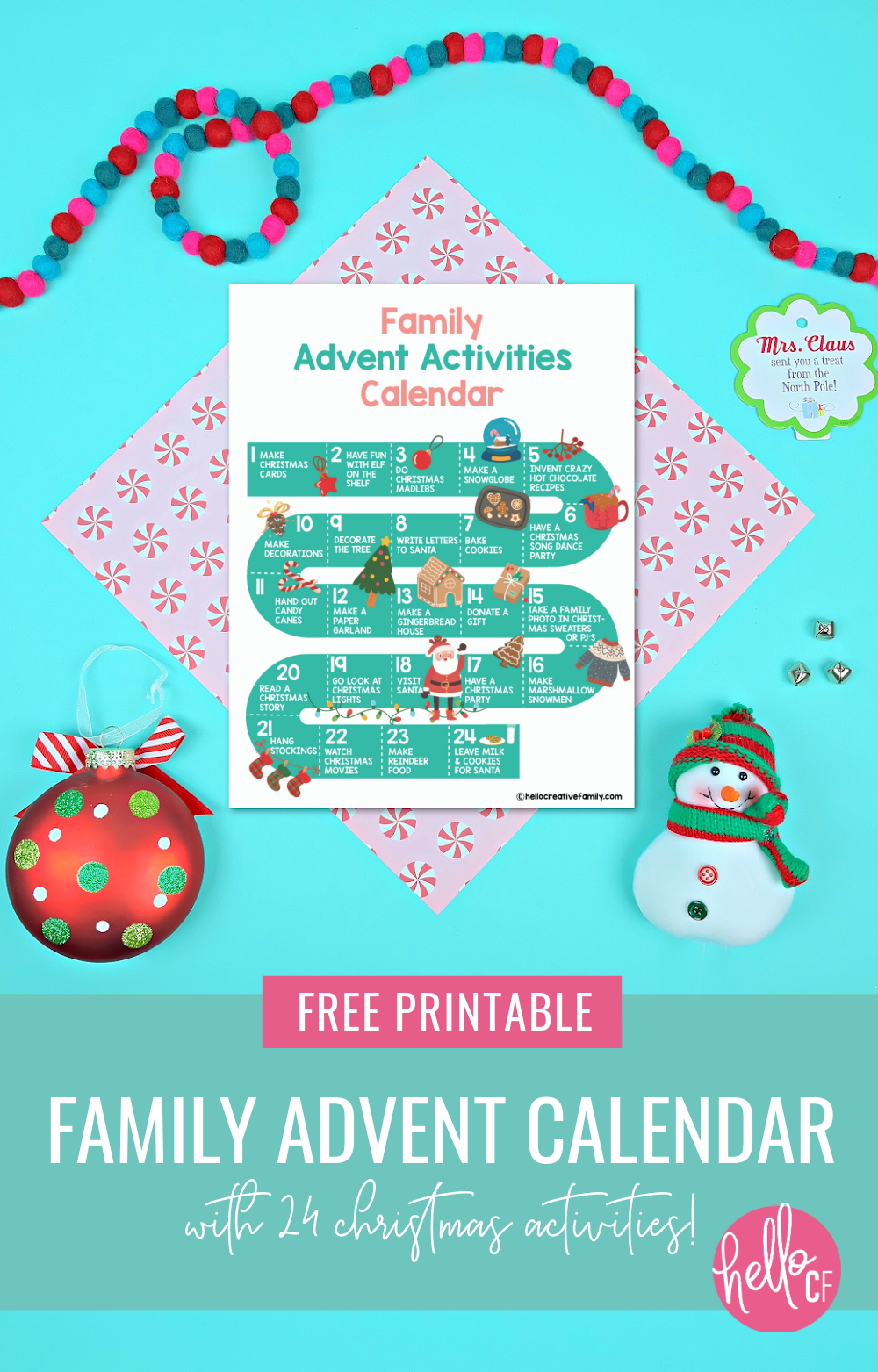 Count down to Christmas with fun holiday family activities using this free printable family advent calendar! Includes a filled in calendar with 24 fun Christmas themed ideas and a blank advent calendar that you can fill in yourself! Fun for all ages! #Printables #ChristmasPrintables #AdventCalendar #printablecalendar #christmasactivities #ChristmasCrafts