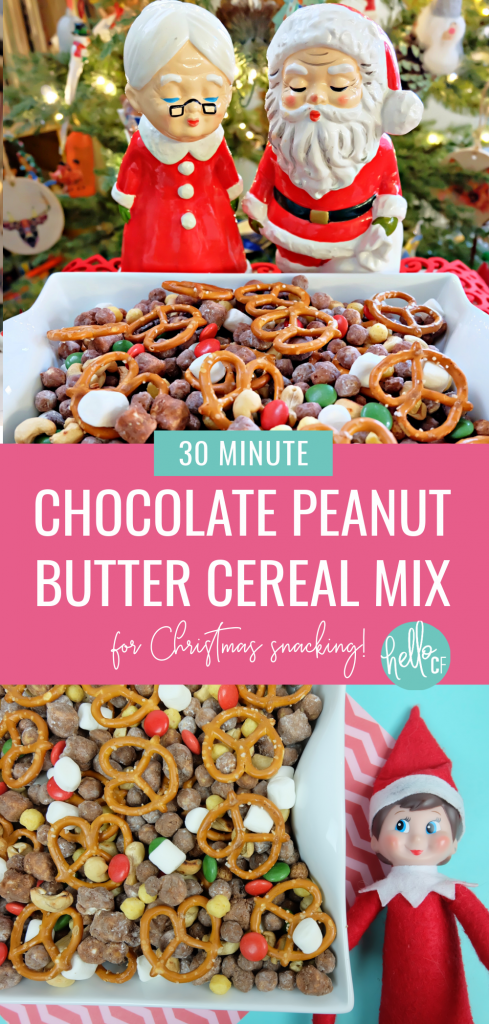 Learn how to make the most delicious Chocolate Peanut Butter Cereal Snack Mix in DIY Sparkle Mason Jar that's perfect for Christmas gifting! A beautiful and delicious handmade Christmas food gift idea! #Christmas #CerealMix #homemade #recipe #DIY #CerealSnack #Cereal #FoodGifts 