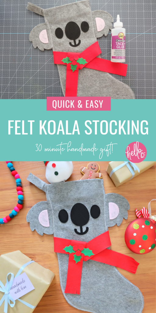 Sew a beautiful DIY Koala Felt Stocking in 30 minutes with this quick and easy sewing tutorial. Includes step by step photos and instructions along with free pattern to cut with scissors or SVG file to cut with your Cricut or Silhouette. Makes a beautiful quick and easy handmade Christmas gift idea for an animal lover! #Koalas #Felt #Stocking #sewing #christmas #DIYStocking #Crafts #ChristmasCrafts #HandmadeGifts