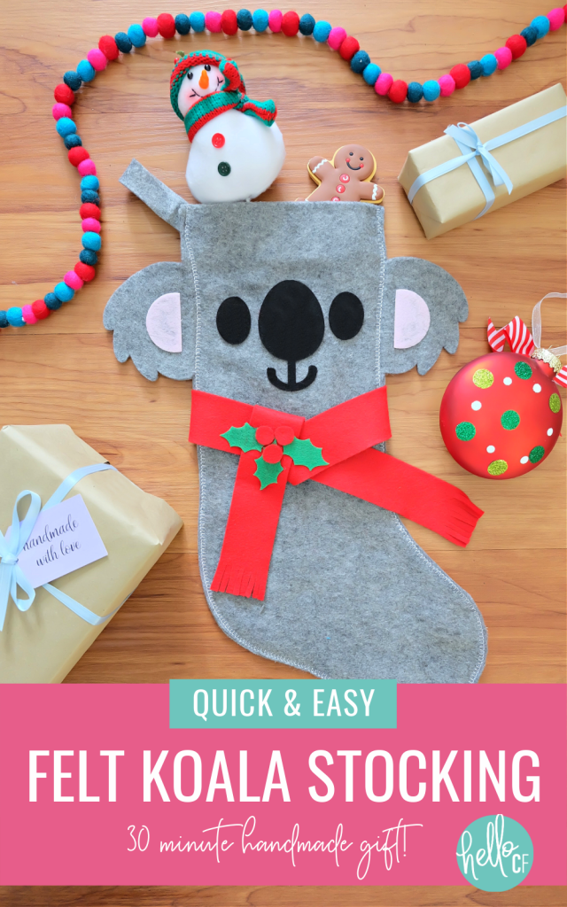 Sew a beautiful DIY Koala Felt Stocking in 30 minutes with this quick and easy sewing tutorial. Includes step by step photos and instructions along with free pattern to cut with scissors or SVG file to cut with your Cricut or Silhouette. Makes a beautiful quick and easy handmade Christmas gift idea for an animal lover! #Koalas #Felt #Stocking #sewing #christmas #DIYStocking #Crafts #ChristmasCrafts #HandmadeGifts