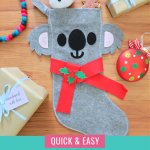 Sew a beautiful DIY Koala Felt Stocking in 30 minutes with this quick and easy sewing tutorial. Includes step by step photos and instructions along with free pattern to cut with scissors or SVG file to cut with your Cricut or Silhouette. Makes a beautiful quick and easy handmade Christmas gift idea for an animal lover! #Koalas #Felt #Stocking #sewing #christmas #DIYStocking #Crafts #ChristmasCrafts #HandmadeGifts