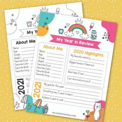 Take a look back at 2020 and set goals for 2021 with this 2020 Year In Review Printable for kids! #Planning #Goals #2020 #FreePrintables #Printables #newyear #kidsprintables