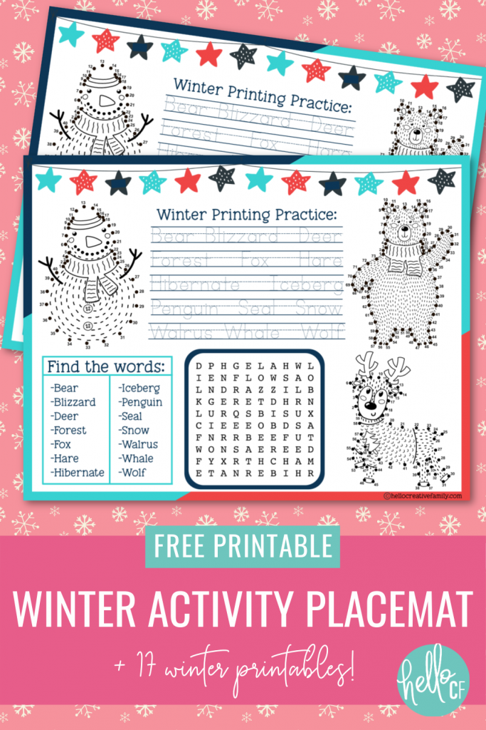 Download a free Winter Activity Placemat Printable packed full of fun activities to keep kids entertained at the dinner table including connect the dots, a word search and printing practice! Also includes links to 17 other winter printables! #Winter #ActivityPlacemat #activitysheet #snowman #homeschoolactivities #homeschoolkids #homeschoolmom #printingpractice #connectthedots 