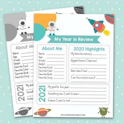 Use this free space printable to take a look back at the last year and set goals for the new year! The perfect family New Year's Eve activity! #Planning #Goals #2020 #FreePrintables #Printables #newyear #kidsprintables