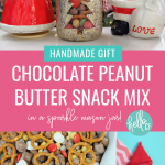 Learn how to make the most delicious Chocolate Peanut Butter Cereal Snack Mix in DIY Sparkle Mason Jar that's perfect for Christmas gifting! A beautiful and delicious handmade Christmas food gift idea! #Christmas #CerealMix #homemade #recipe #DIY #CerealSnack #Cereal #FoodGifts