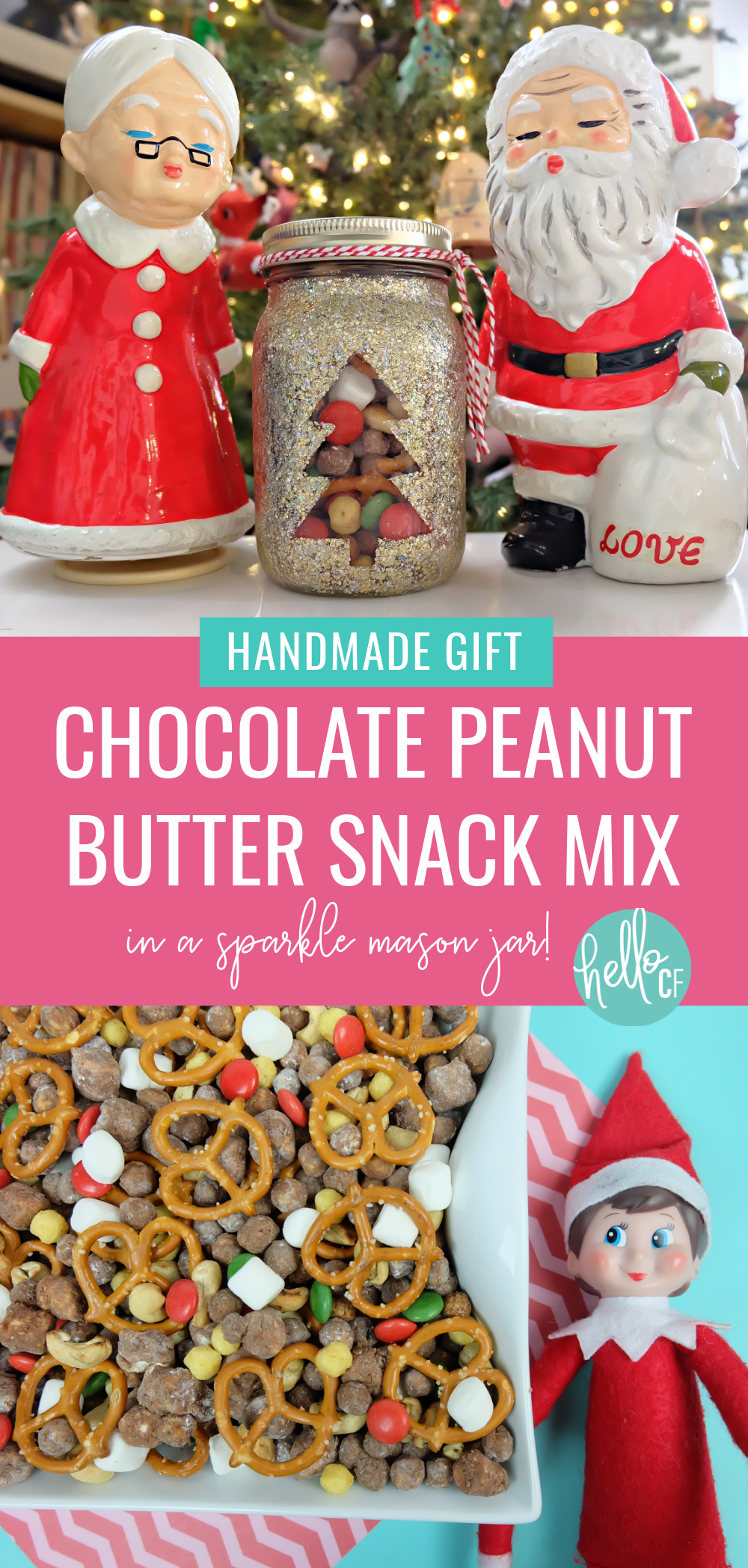 Learn how to make the most delicious Chocolate Peanut Butter Cereal Snack Mix in DIY Sparkle Mason Jar that's perfect for Christmas gifting! A beautiful and delicious handmade Christmas food gift idea! #Christmas #CerealMix #homemade #recipe #DIY #CerealSnack #Cereal #FoodGifts