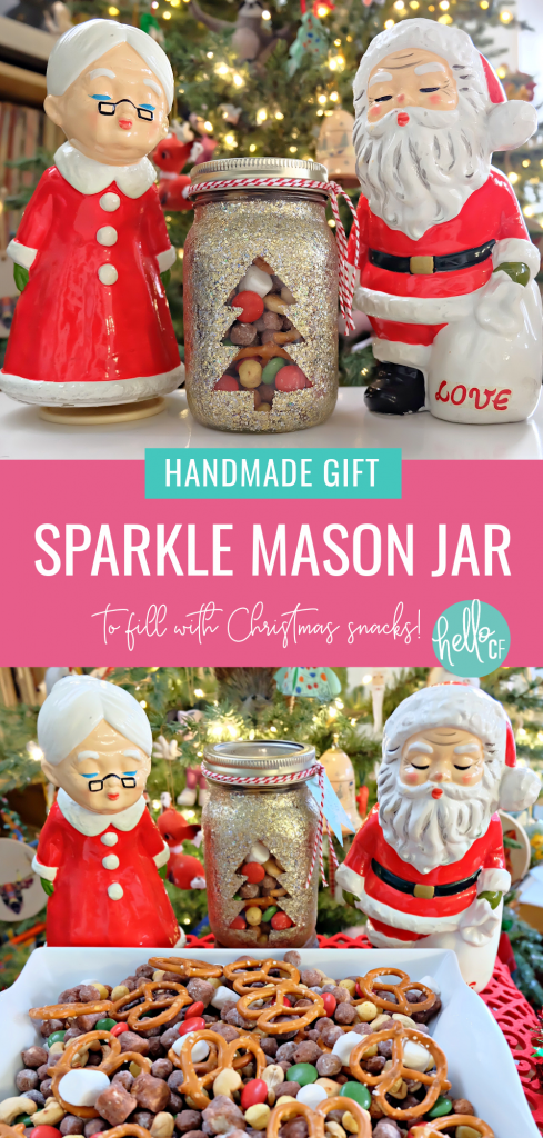 Learn how to make a DIY Sparkle Mason Jar that's perfect for filling with yummy snacks for a one of a kind handmade Christmas gift! This project uses glitter Mod Podge so you don't end up with glitter all over your craft space! #HandmadeGift #DIY #Sparkle #Glitter #MasonJar #masonjarideas #masonjargifts