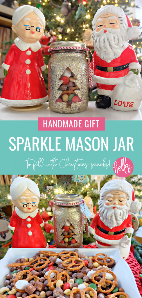 Learn how to make a DIY Sparkle Mason Jar that's perfect for filling with yummy snacks for a one of a kind handmade Christmas gift! This project uses glitter Mod Podge so you don't end up with glitter all over your craft space! #HandmadeGift #DIY #Sparkle #Glitter #MasonJar #masonjarideas #masonjargifts