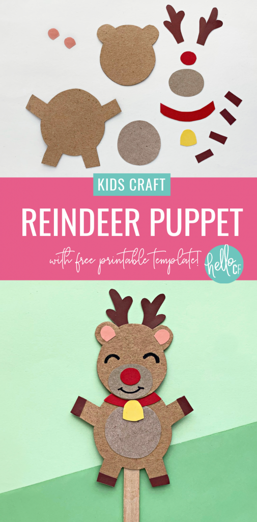 Make a DIY Rudolph Reindeer Puppet in this festive Christmas craft for kids! Includes a free printable template for Christmas crafting fun! Have a family Christmas puppet show! #papercrafts #printables #freeprintables #christmasprintables #kidscrafts #rudolph #reindeer