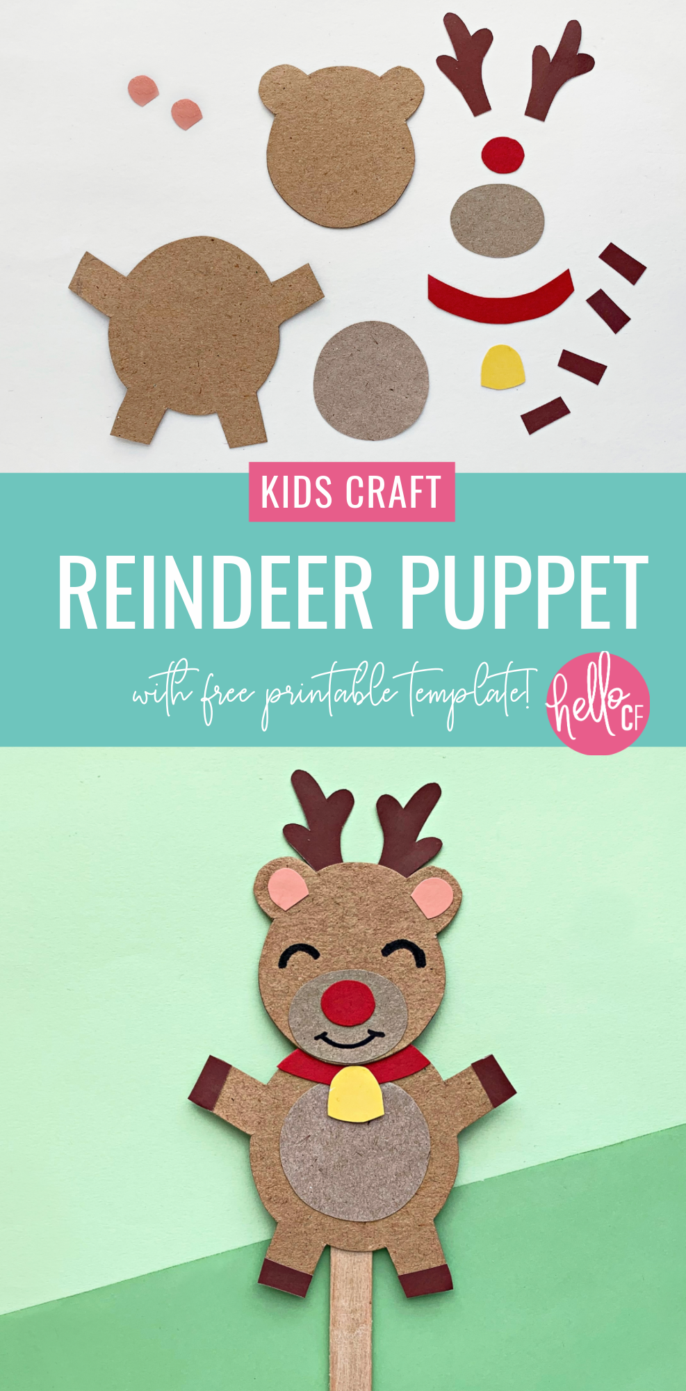 Make a DIY Rudolph Reindeer Puppet in this festive Christmas craft for kids! Includes a free printable template for Christmas crafting fun! Have a family Christmas puppet show! #papercrafts #printables #freeprintables #christmasprintables #kidscrafts #rudolph #reindeer