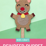 Make a DIY Rudolph Reindeer Puppet in this festive Christmas craft for kids! Includes a free printable template for Christmas crafting fun! Have a family Christmas puppet show! #papercrafts #printables #freeprintables #christmasprintables #kidscrafts #rudolph #reindeer