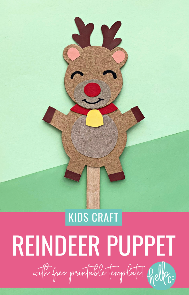 Make a DIY Rudolph Reindeer Puppet in this festive Christmas craft for kids! Includes a free printable template for Christmas crafting fun! Have a family Christmas puppet show! #papercrafts #printables #freeprintables #christmasprintables #kidscrafts #rudolph #reindeer