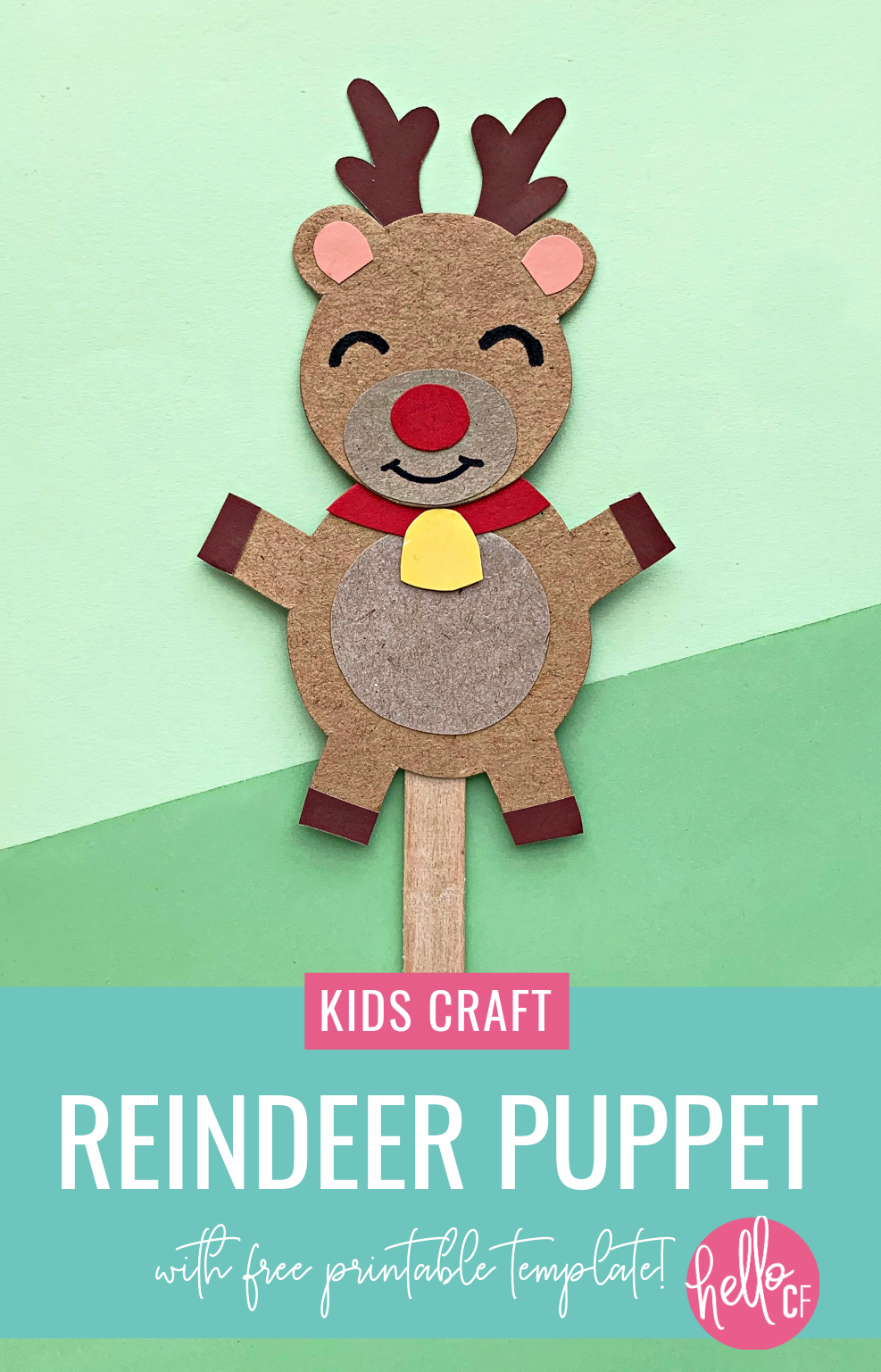 Make a DIY Rudolph Reindeer Puppet in this festive Christmas craft for kids! Includes a free printable template for Christmas crafting fun! Have a family Christmas puppet show! #papercrafts #printables #freeprintables #christmasprintables #kidscrafts #rudolph #reindeer