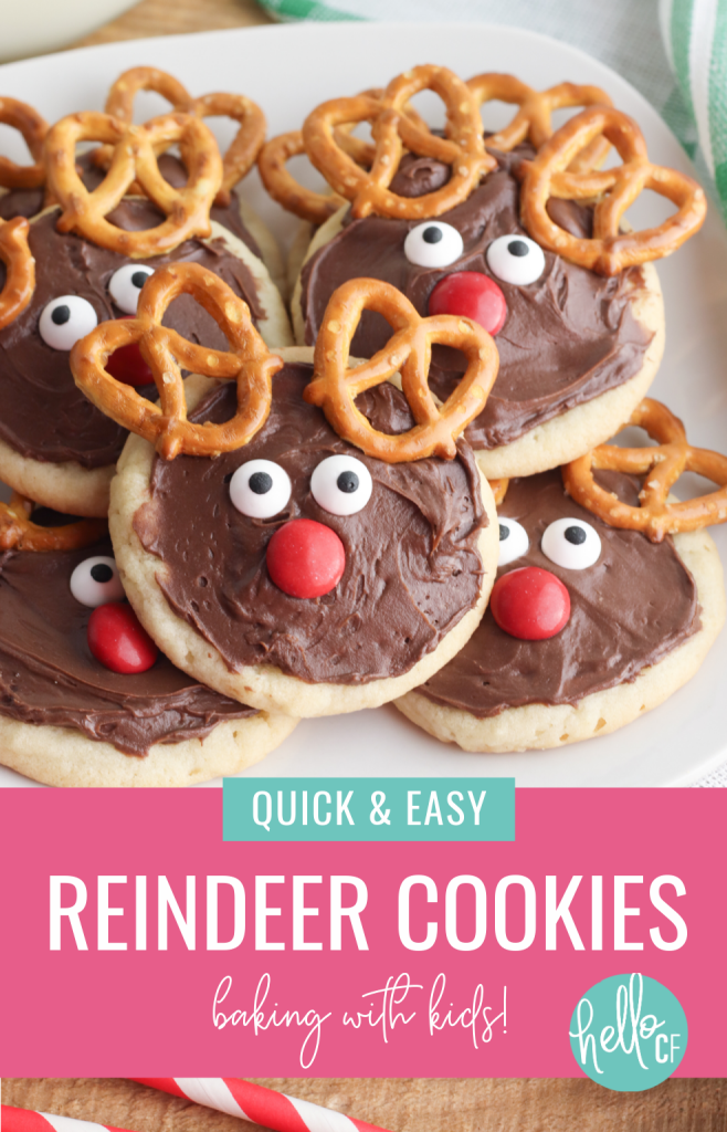 Get in the holiday spirit with some Christmas baking with kids! Use this Chocolate Reindeer Cookie Recipe to make Rudolph cookies to leave for Santa Claus! #Christmas #Santa #Reindeer #ChristmasCookies #Rudolph #ChocolateCookies #Christmasbaking #BakingWithKids #ChristmasBakingWithKids