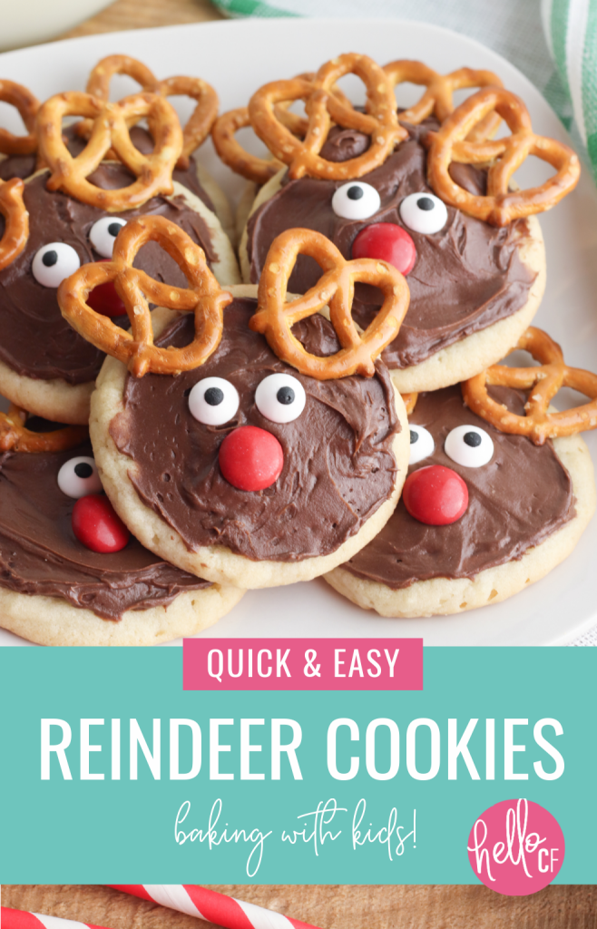Get in the holiday spirit with some Christmas baking with kids! Use this Chocolate Reindeer Cookie Recipe to make Rudolph cookies to leave for Santa Claus! #Christmas #Santa #Reindeer #ChristmasCookies #Rudolph #ChocolateCookies #Christmasbaking #BakingWithKids #ChristmasBakingWithKids
