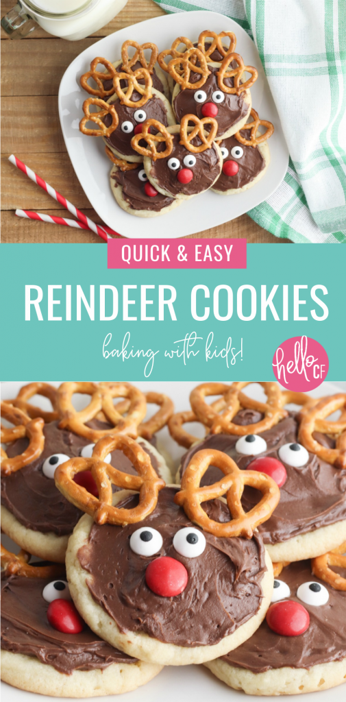 Get in the holiday spirit with some Christmas baking with kids! Use this Chocolate Reindeer Cookie Recipe to make Rudolph cookies to leave for Santa Claus! #Christmas #Santa #Reindeer #ChristmasCookies #Rudolph #ChocolateCookies #Christmasbaking #BakingWithKids #ChristmasBakingWithKids