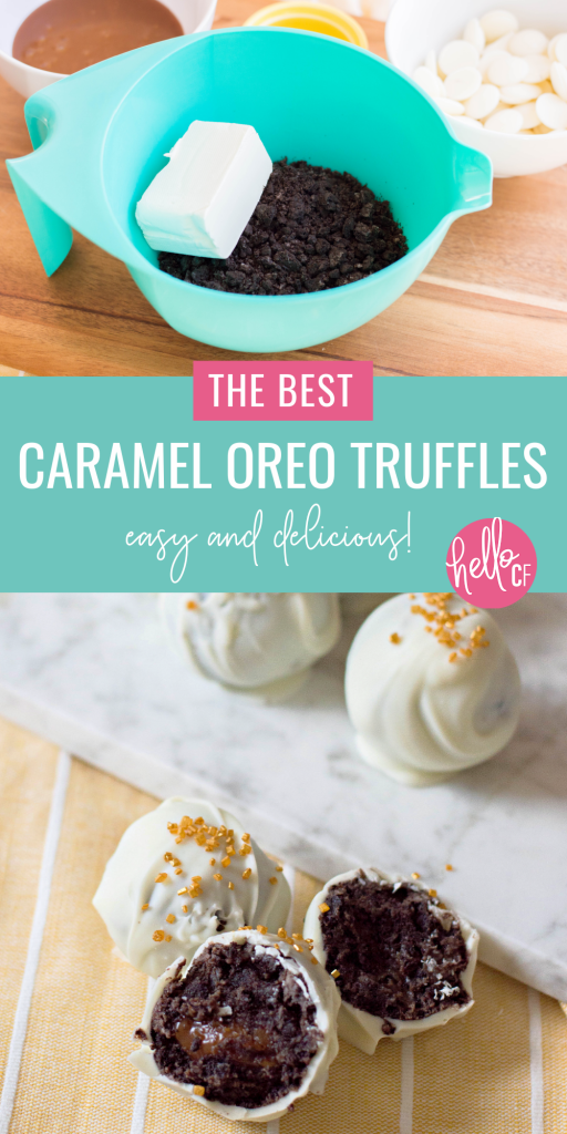 Looking for easy and delicious bite sized dessert ideas? This is THE BEST caramel Oreo truffles recipe you will ever taste! Topped with gold sprinkles, these truffles look extra fancy, but can be made with pantry and refrigerator staples! You are going to love them! Perfect for New Year's dessert, Mother's Day dessert or thoughtful handmade food gifts! #Oreo #truffles #Recipe #caramel #chocolate #homemade #dessert #foodgifts