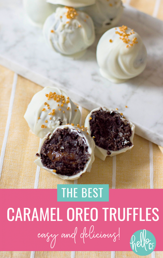 Looking for easy and delicious bite sized dessert ideas? This is THE BEST caramel Oreo truffles recipe you will ever taste! Topped with gold sprinkles, these truffles look extra fancy, but can be made with pantry and refrigerator staples! You are going to love them! Perfect for New Year's dessert, Mother's Day dessert or thoughtful handmade food gifts! #Oreo #truffles #Recipe #caramel #chocolate #homemade #dessert #foodgifts