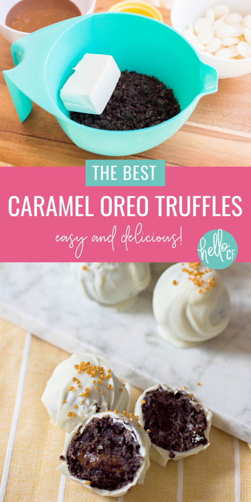 Looking for easy and delicious bite sized dessert ideas? This is THE BEST caramel Oreo truffles recipe you will ever taste! Topped with gold sprinkles, these truffles look extra fancy, but can be made with pantry and refrigerator staples! You are going to love them! Perfect for New Year's dessert, Mother's Day dessert or thoughtful handmade food gifts! #Oreo #truffles #Recipe #caramel #chocolate #homemade #dessert #foodgifts