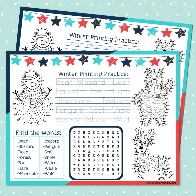 Download a free Winter Activity Placemat Printable packed full of fun activities to keep kids entertained at the dinner table including connect the dots, a word search and printing practice! Also includes links to 17 other winter printables! #Winter #ActivityPlacemat #activitysheet #snowman #homeschoolactivities #homeschoolkids #homeschoolmom #printingpractice #connectthedots 