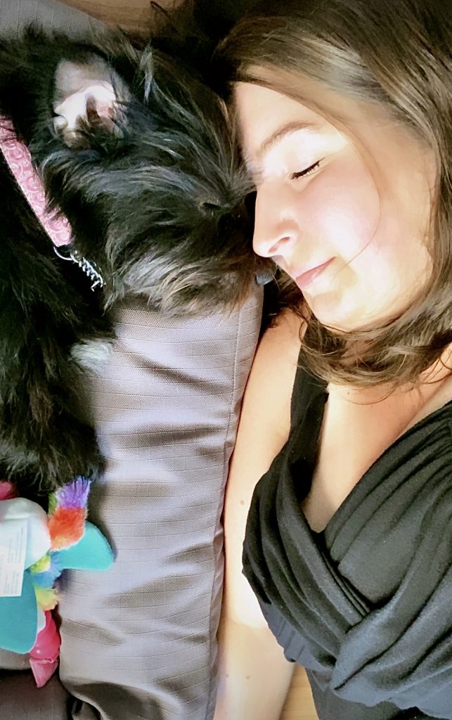 Rescue dog cuddling nose to nose with his adopter. 