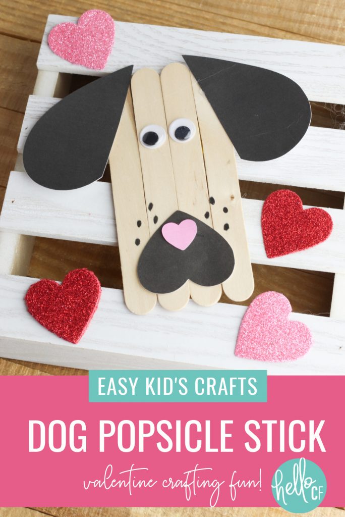 An adorable rescue dog inspired popsicle stick craft! Perfect for an easy preschool craft for Valentine's Day! Includes free printable & Cricut Print and Cut Files! Also makes a great kindergarten craft or early primary learning. #KidsCrafts #PopsicleStick #CraftStick #ValentineCrafts #PreK #Preschool #PreschoolCrafts #PreKCrafts #RescueDogs #CricutCrafts #CricutMade #homeschool #homeschoolmom #primarylearning #PrimaryCraft