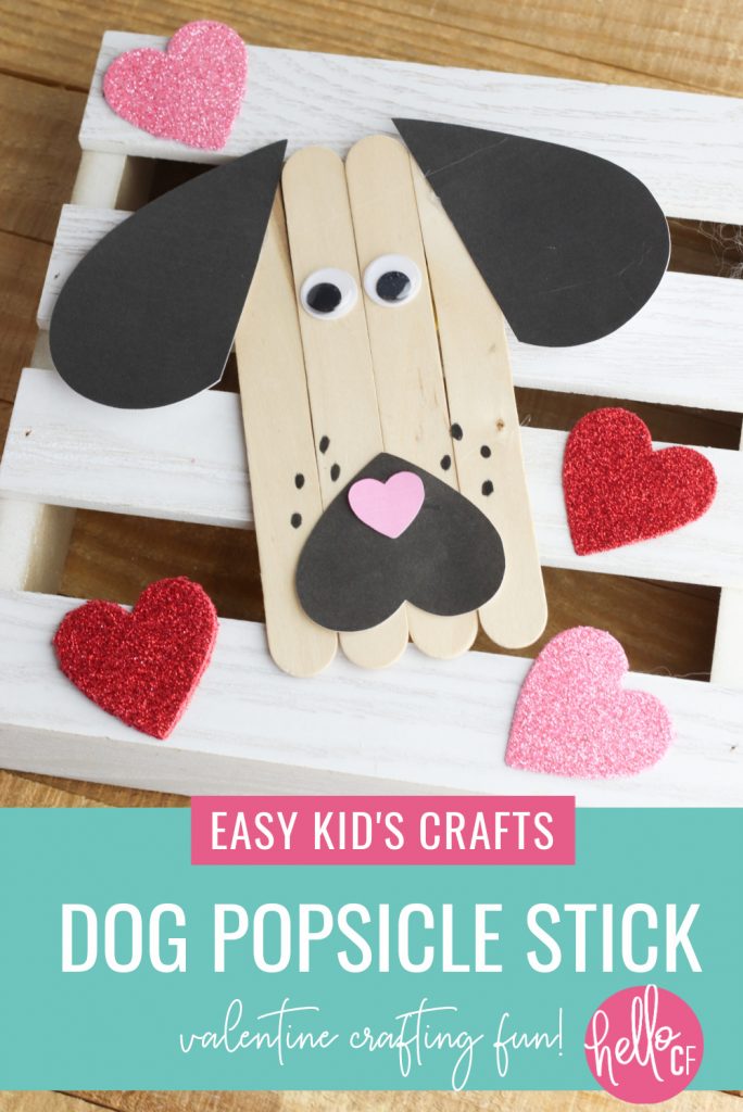 An adorable rescue dog inspired popsicle stick craft! Perfect for an easy preschool craft for Valentine's Day! Includes free printable & Cricut Print and Cut Files! Also makes a great kindergarten craft or early primary learning. #KidsCrafts #PopsicleStick #CraftStick #ValentineCrafts #PreK #Preschool #PreschoolCrafts #PreKCrafts #RescueDogs #CricutCrafts #CricutMade #homeschool #homeschoolmom #primarylearning #PrimaryCraft