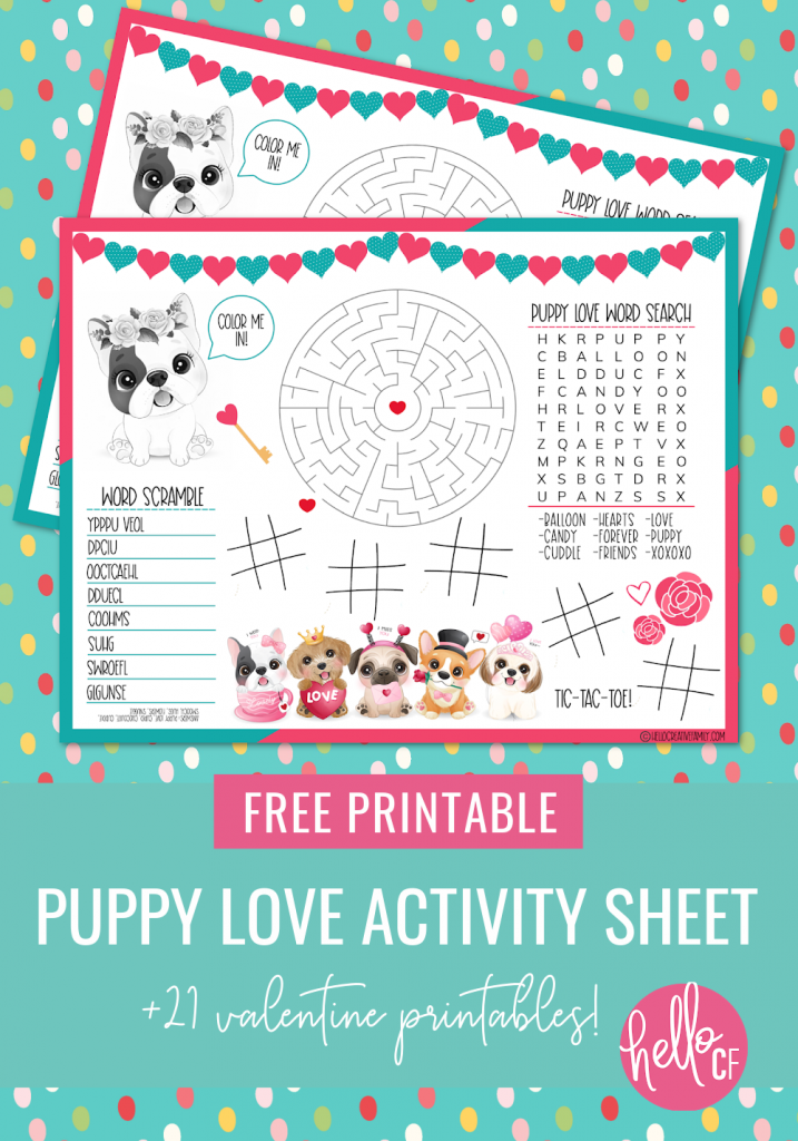 This free Puppy Love Activity Sheet Printable is so stinking cute! Includes a Valentine word search, coloring sheet, maze, word scramble and tic-tac-toe! Use as a Valentine Activity Placemat at the dinner table! Includes links to 21 Valentine's Day Themed Printables including Free Printable Valentine's Day Cards, Games, Crafts and Activities! #Printables #Valentine #ValentinesDay #Puppy #puppylove #FreePrintable #Love #games #Crafts #ActivitySheet 