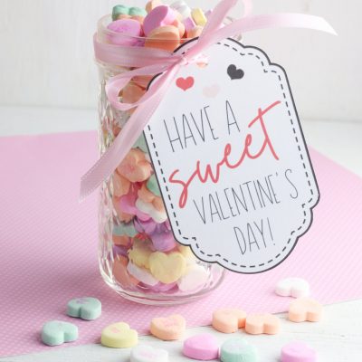 Cricut Print and Cut Valentine Gift Tags on a Handmade Valentine Gift of Sweethearts in a glass jar.