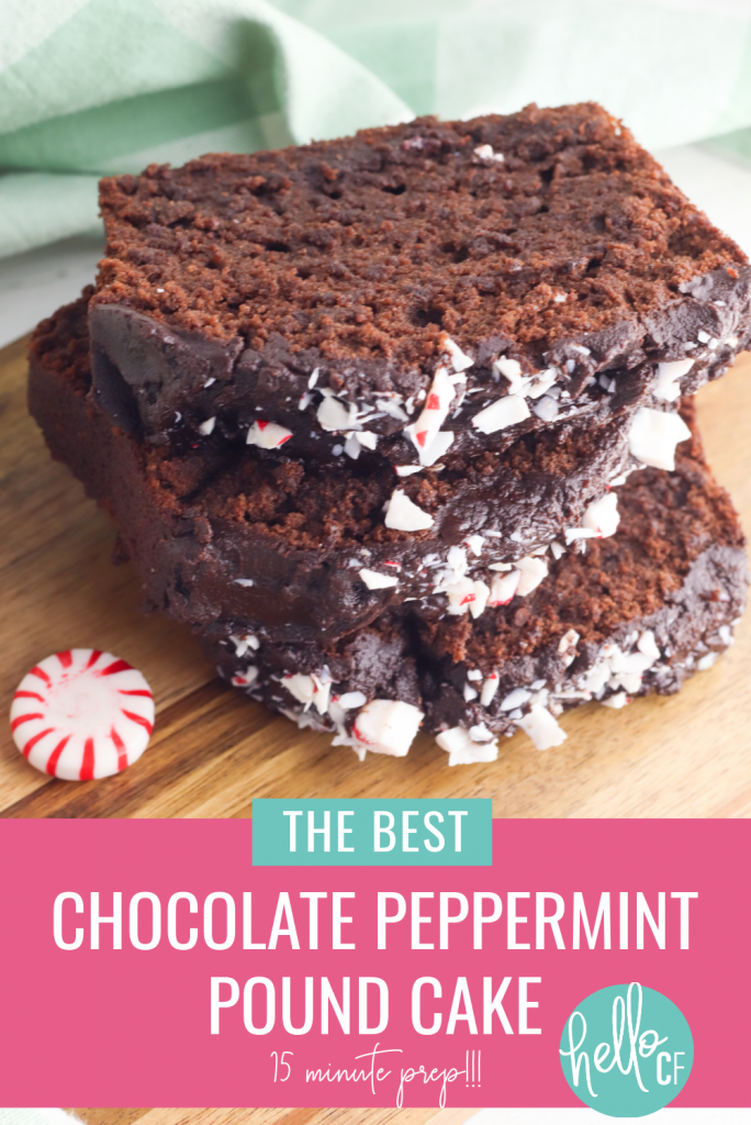 Looking for the best chocolate pound cake recipe you've ever tasted? You've found it! This chocolate peppermint pound cake recipe is moist, delicious and full of flavor! It can also be prepped in just 15 minutes... and who doesn't love a quick and easy dessert recipe! Perfect for tea, brunch or any time you are entertaining or want a sweet treat! A chocolate lovers dream come true! #Chocolate #peppermint #poundcake #loaf #loaves #dessert #brunch #chocolatepeppermint #candycane #baking #Recipe