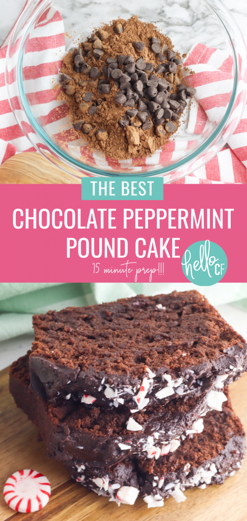 Looking for the best chocolate pound cake recipe you've ever tasted? You've found it! This chocolate peppermint pound cake recipe is moist, delicious and full of flavor! It can also be prepped in just 15 minutes... and who doesn't love a quick and easy dessert recipe! Perfect for tea, brunch or any time you are entertaining or want a sweet treat! A chocolate lovers dream come true! #Chocolate #peppermint #poundcake #loaf #loaves #dessert #brunch #chocolatepeppermint #candycane #baking #Recipe