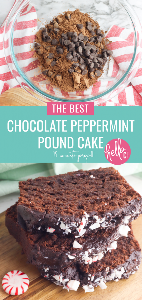 Looking for the best chocolate pound cake recipe you've ever tasted? You've found it! This chocolate peppermint pound cake recipe is moist, delicious and full of flavor! It can also be prepped in just 15 minutes... and who doesn't love a quick and easy dessert recipe! Perfect for tea, brunch or any time you are entertaining or want a sweet treat! A chocolate lovers dream come true! #Chocolate #peppermint #poundcake #loaf #loaves #dessert #brunch #chocolatepeppermint #candycane #baking #Recipe